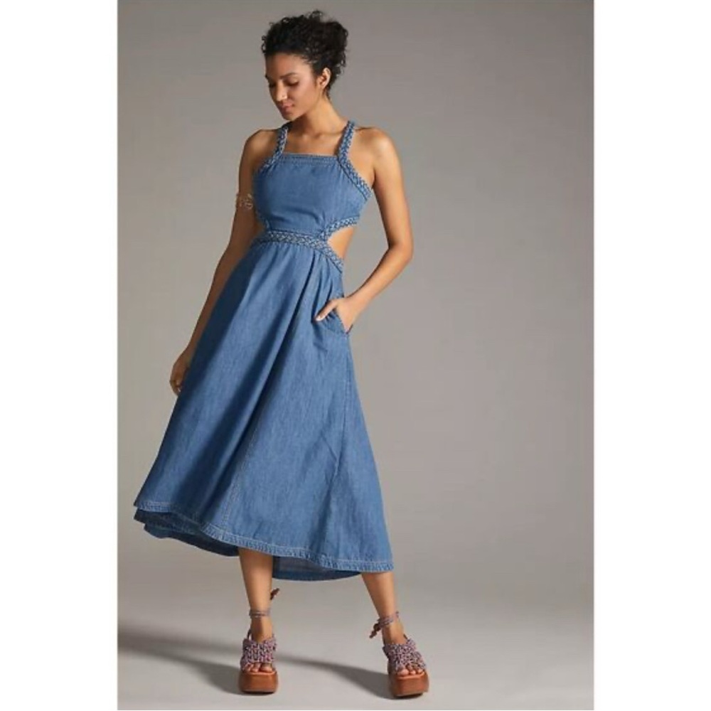 Pilcro Blue Braided-Trim Denim Midi Dress - Picture 2 of 6